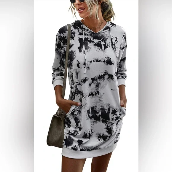 Logene Dresses | Hoodie Sweatshirt Pullover Dress Tie Dye Long Sleeves with Pockets | Color: Black/White | Size: L | Pm-83758971'S Closet
